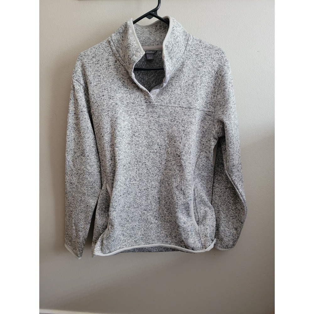 Eddie Bauer Womens Grey Quarter Snap Fleece Pullover Sweater Large Cozy Pockets